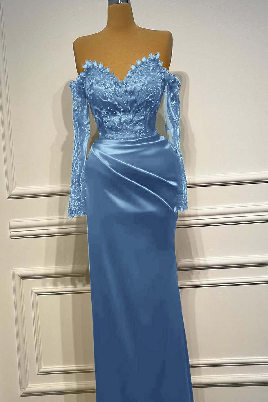 Long Sleeves Strapless Long Mermaid Evening Formal Dress With Beading Pleated