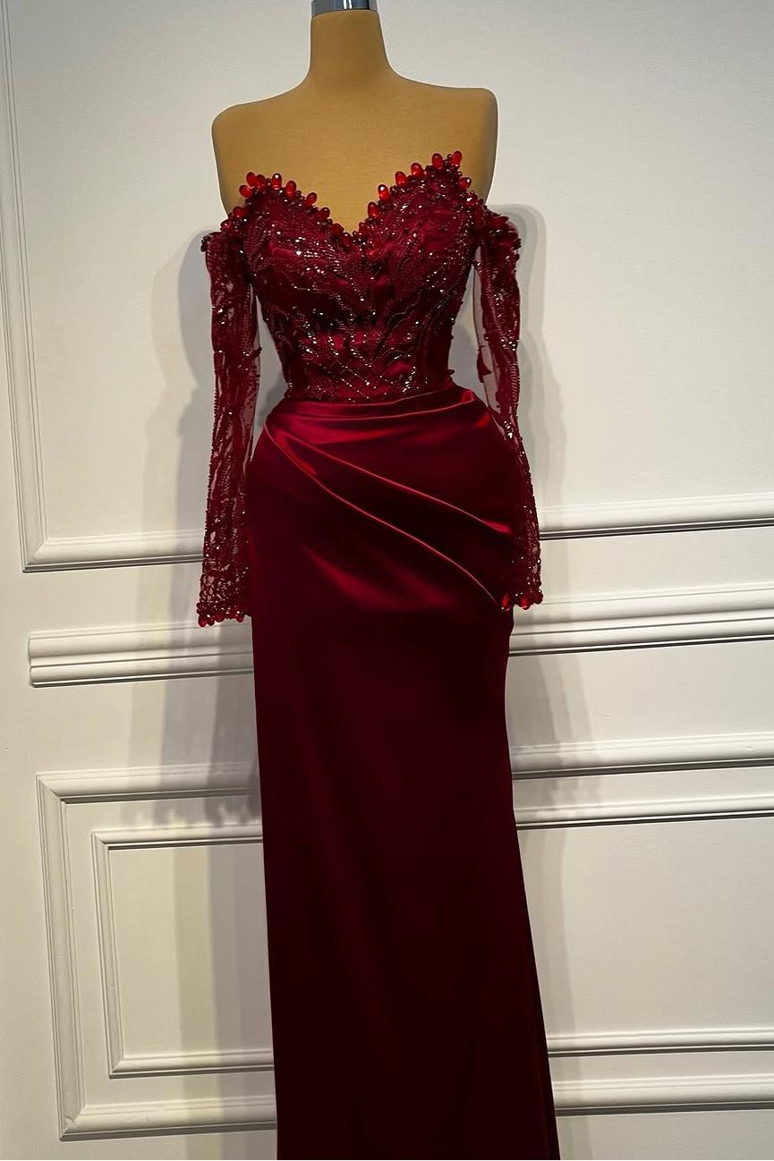 Long Sleeves Strapless Long Mermaid Evening Formal Dress With Beading Pleated