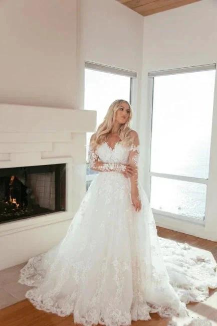 Long Sleeves Sweetheart A-Line Princess Wedding Dress with Lace (ZD15720)