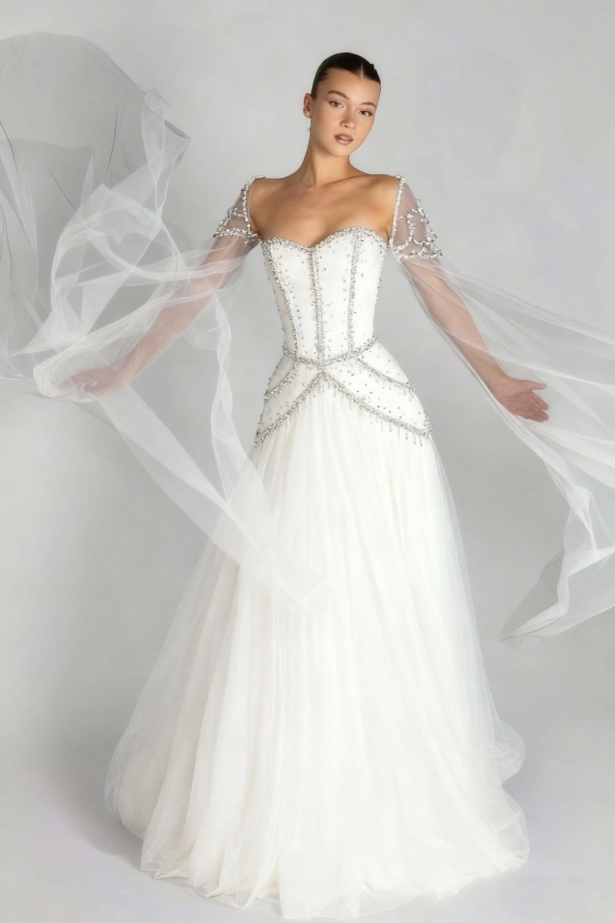 Long Sleeves Sweetheart Long A Line Evening Formal Dress With Pleated Beading
