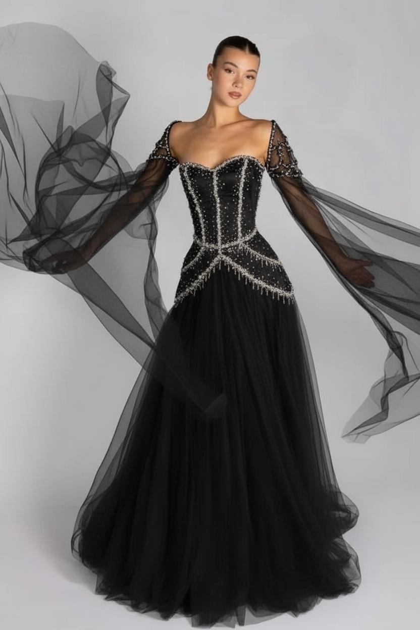 Long Sleeves Sweetheart Long A Line Evening Formal Dress With Pleated Beading