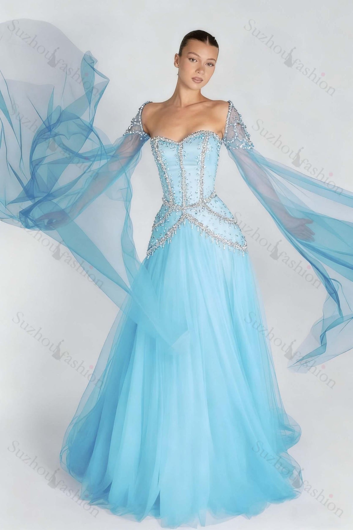 Long Sleeves Sweetheart Long A Line Evening Formal Dress With Pleated Beading