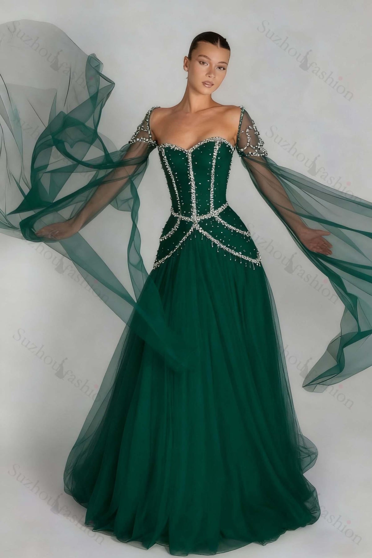 Long Sleeves Sweetheart Long A Line Evening Formal Dress With Pleated Beading