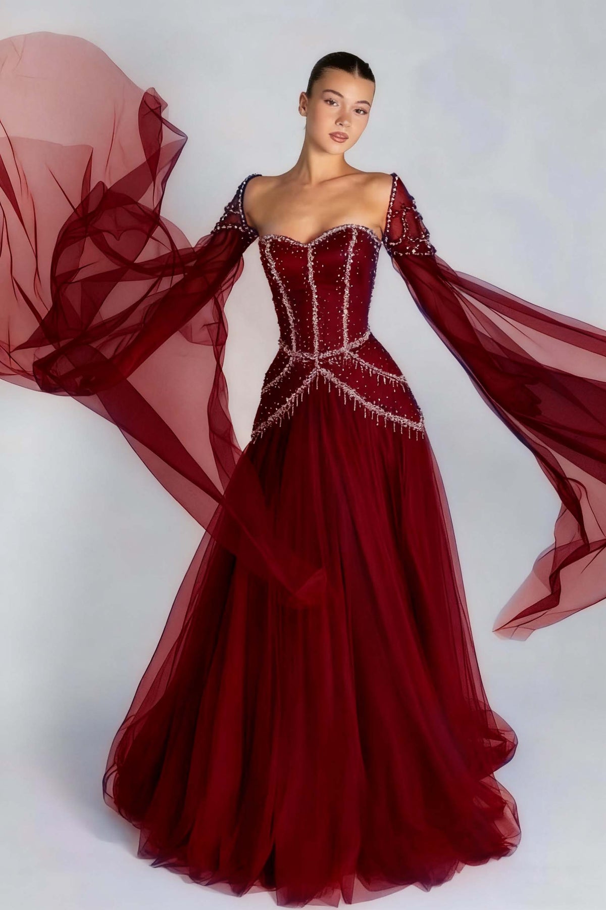 Long Sleeves Sweetheart Long A Line Evening Formal Dress With Pleated Beading