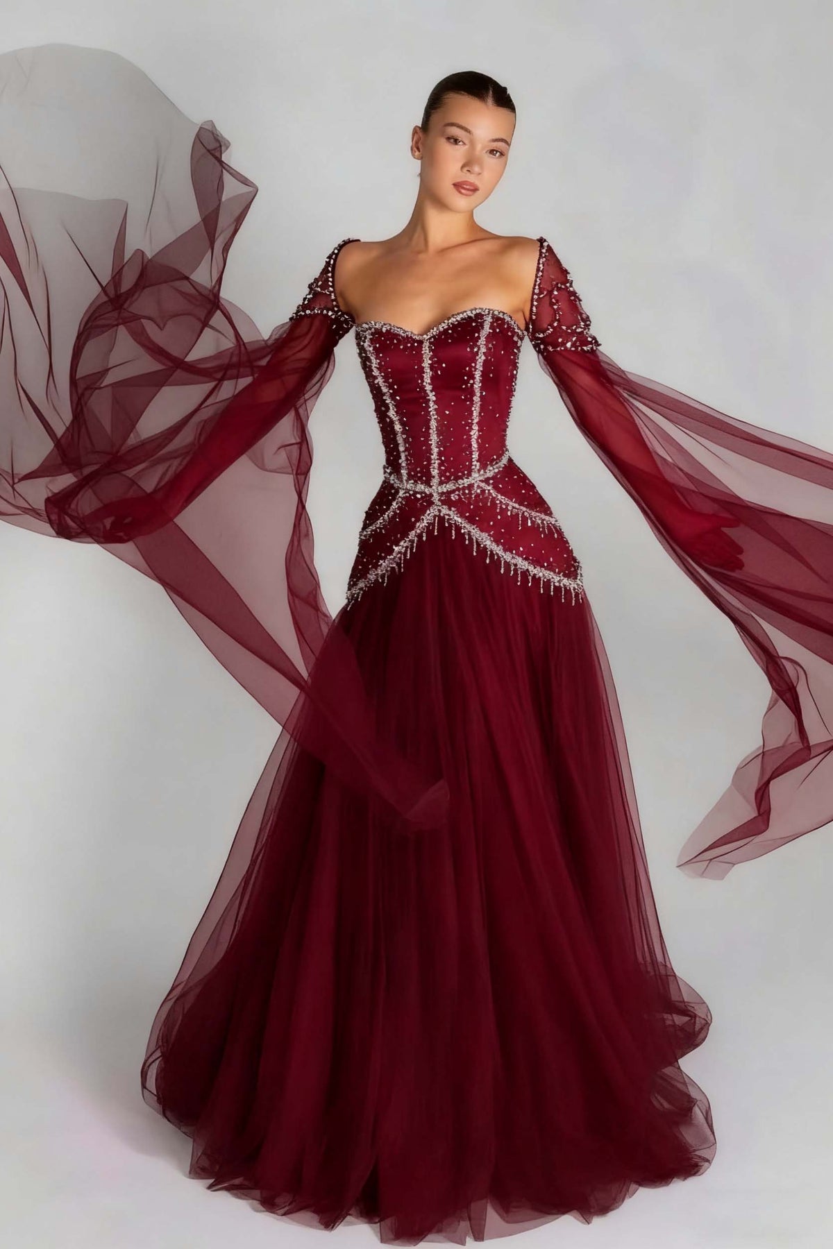 Long Sleeves Sweetheart Long A Line Evening Formal Dress With Pleated Beading