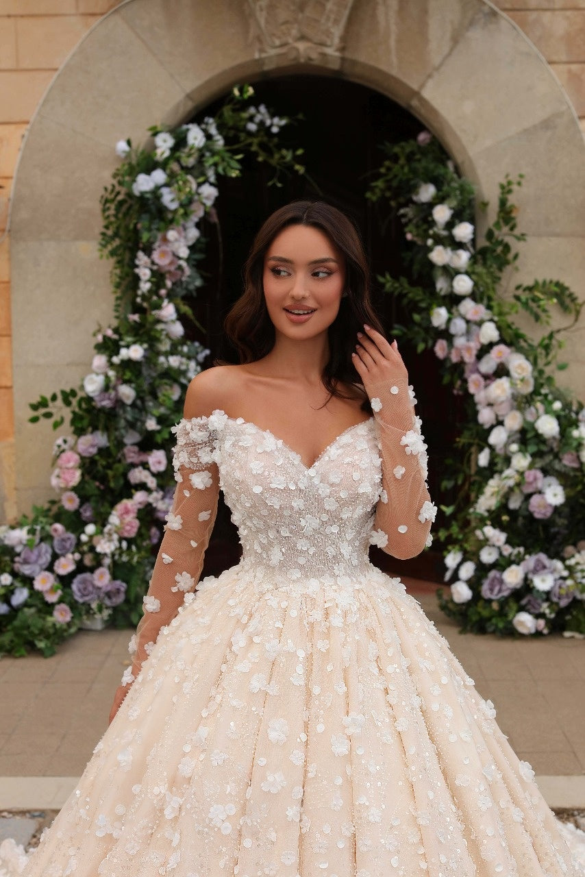 Long Sleeves Wedding Dress Off the Shoulder Ball Gown Ivory Formal Dress with 3D Flowers