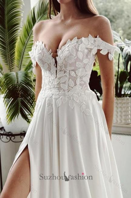 Long White Beach Wedding Dress A Line Off The Shoulder Bridal Gown With Slit