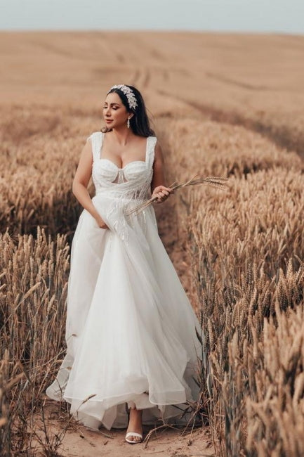 Long White Beach Wedding Dress A Line Tulle Sleeveless Bridal Gown With Lace