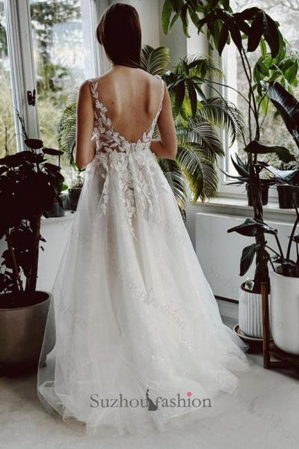 Long White Beach Wedding Dress A Line V Neck Lace Glitter Backless Bridal Gown With Slit