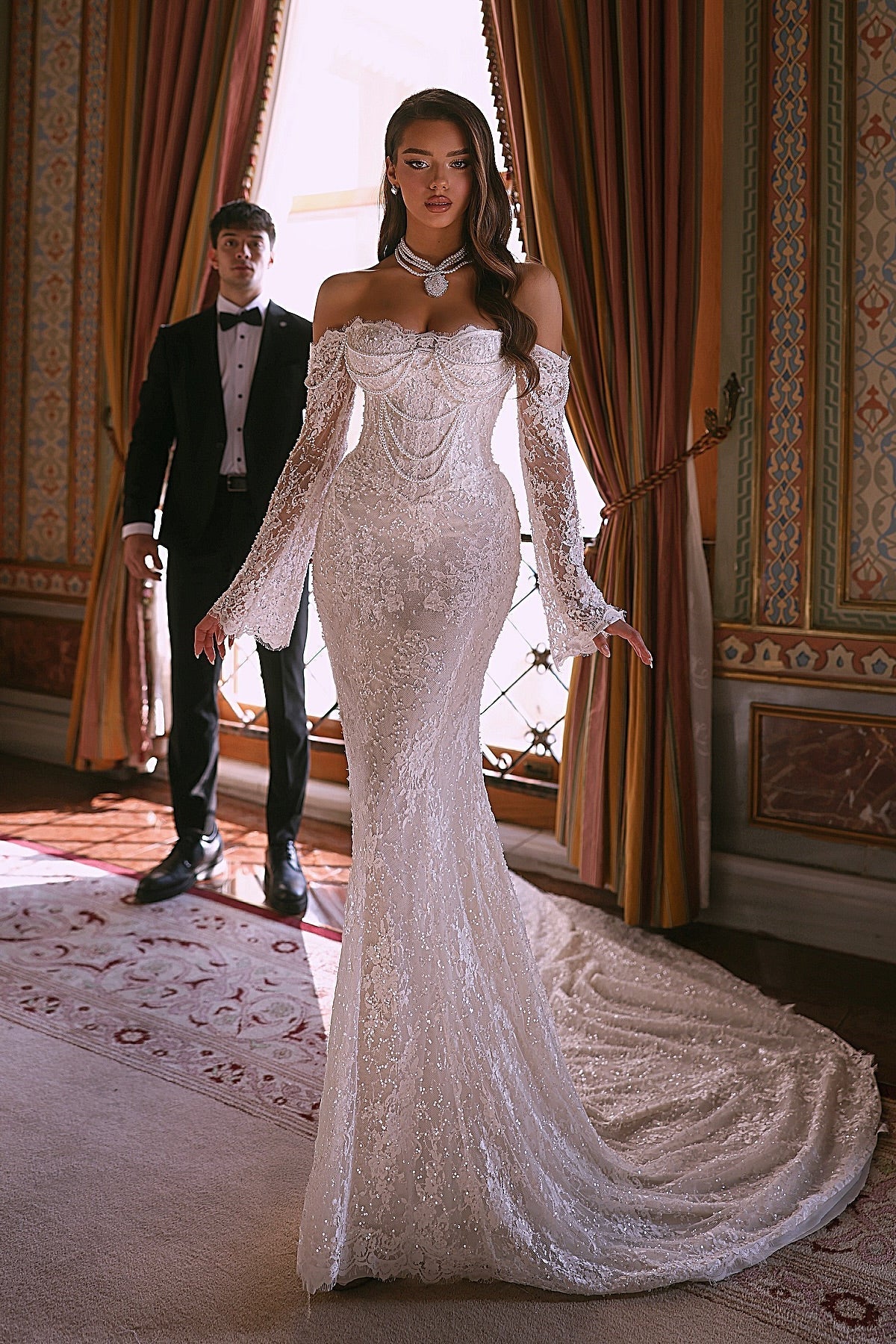 Long White Beach Wedding Dress Mermaid Off The Shoulder Beaded Lace Bridal Gown With Long Sleeves
