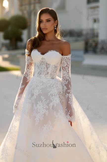 Long White Wedding Dress A Line Off The Shoulder Lace Bridal Gown With Long Sleeves