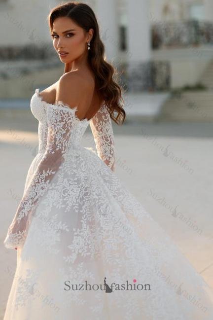 Long White Wedding Dress A Line Off The Shoulder Lace Bridal Gown With Long Sleeves