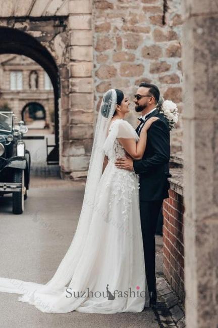 Long White Wedding Dress A Line Square Neck Tulle Lace Bridal Gown With Short Sleeves