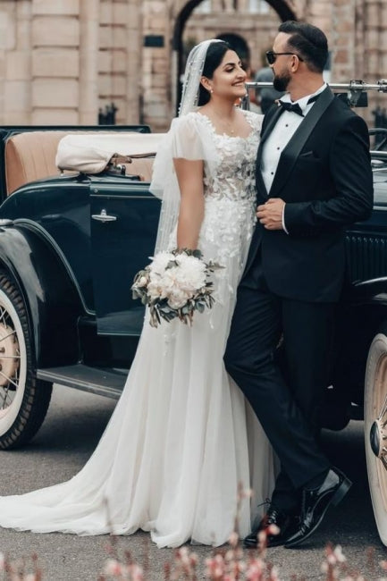 Long White Wedding Dress A Line Square Neck Tulle Lace Bridal Gown With Short Sleeves