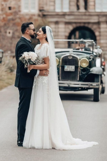 Long White Wedding Dress A Line Square Neck Tulle Lace Bridal Gown With Short Sleeves
