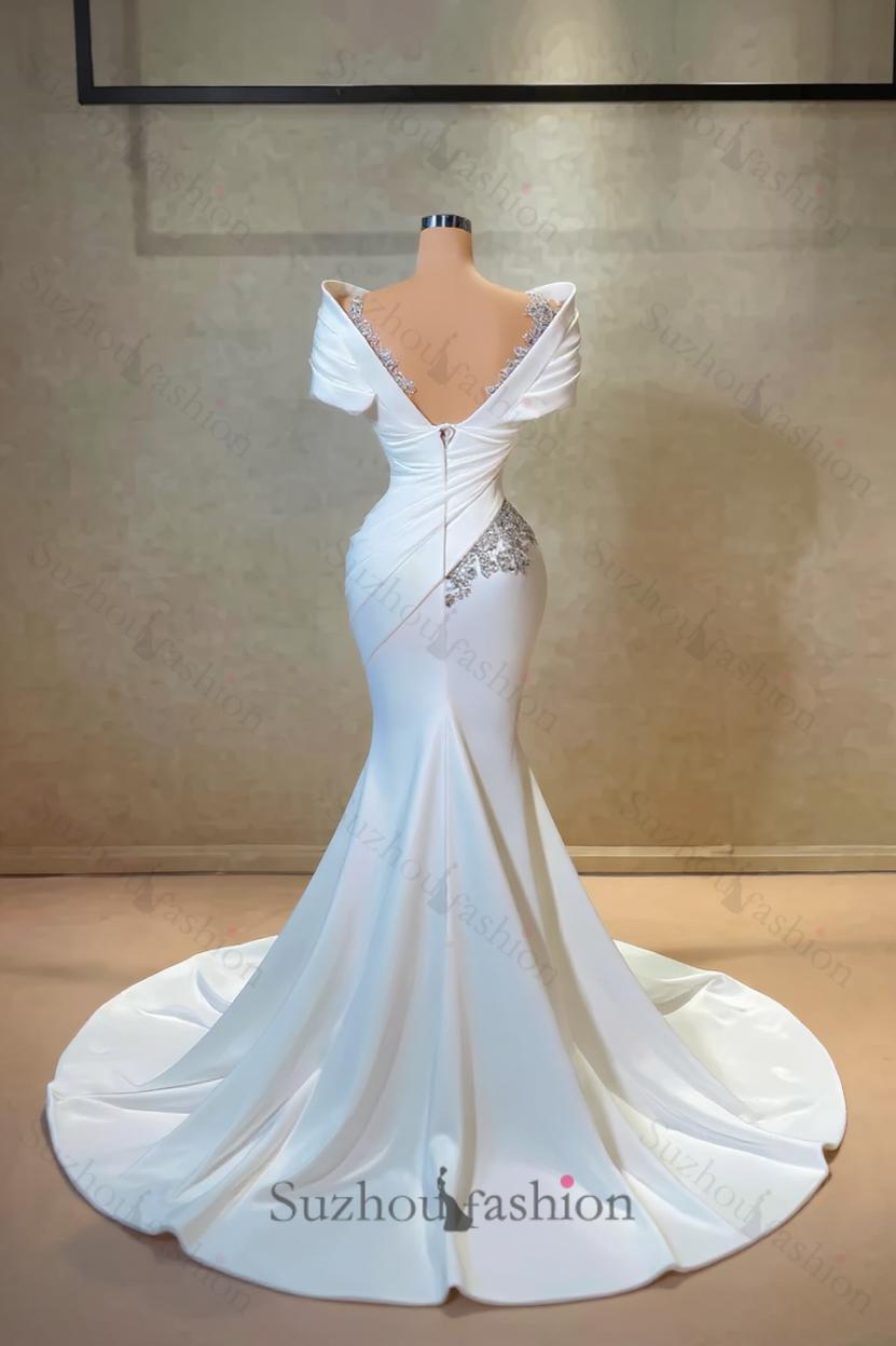 Long White Wedding Dress Mermaid Off The Shoulder Lace Satin Bridal Gown With Rhinestones