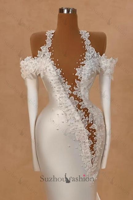 Long White Wedding Dress Mermaid Straps Satin Long Sleeves Bridal Gown With Pearls