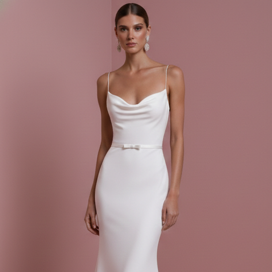 Long Criss Cross Back Wedding Dress Satin Mermaid Gown