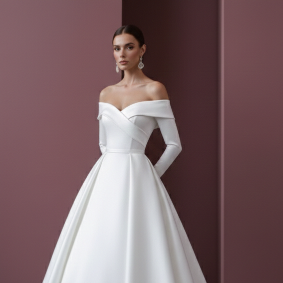 Long Satin Ball Gown Sleeve Wedding Dress Royal Elegant