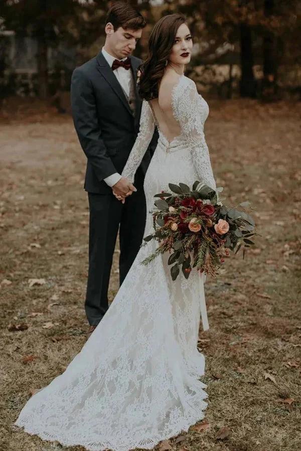 Long Sleeve Vintage Wedding Dress Backless Rustic Bridal Gown (ZD16095)