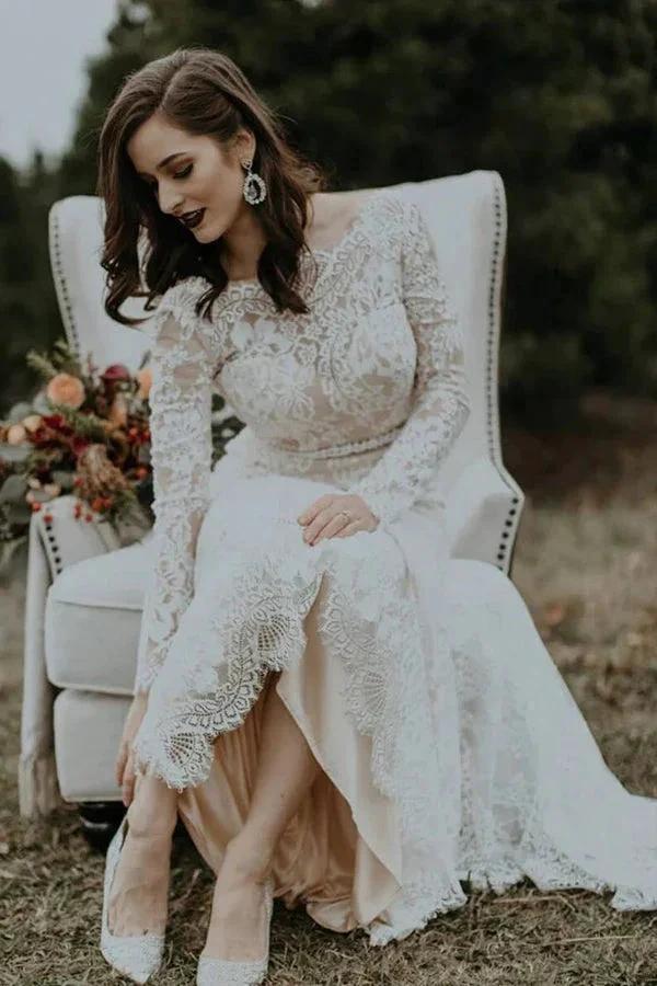 Long Sleeve Vintage Wedding Dress Backless Rustic Bridal Gown (ZD16095) - VelvetHem