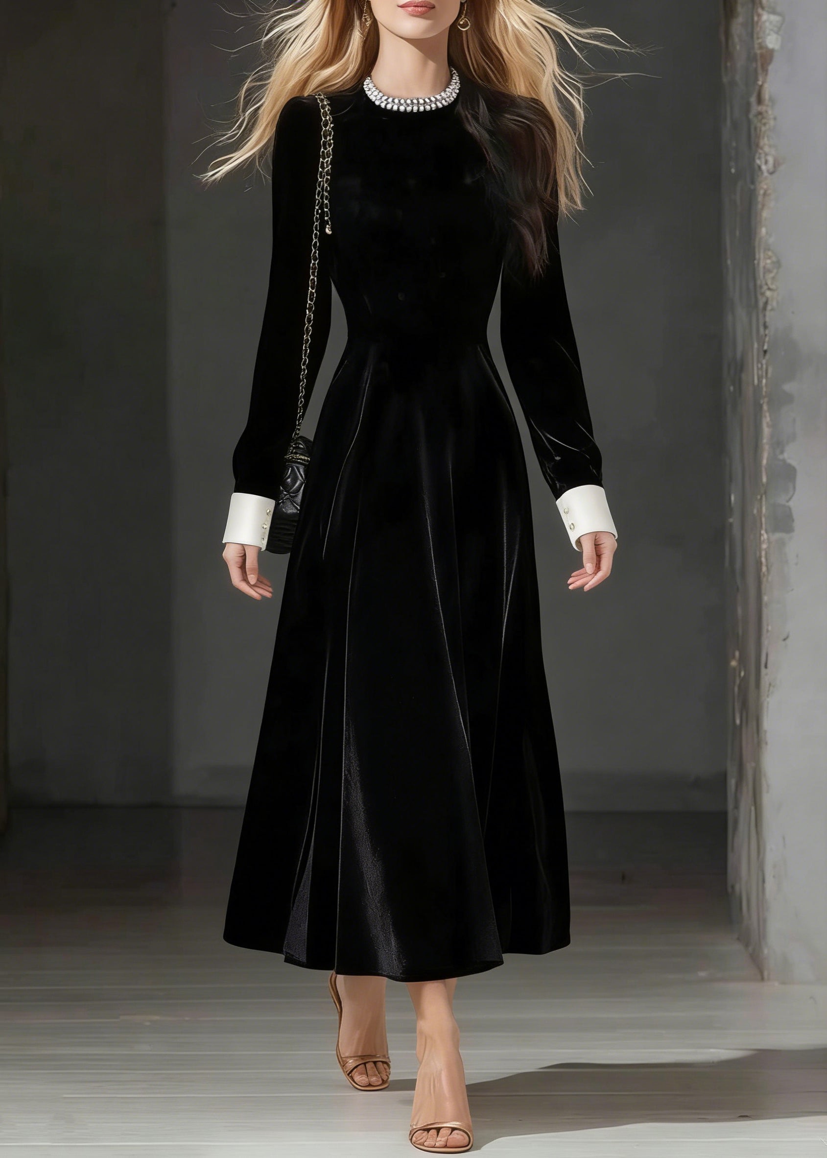 Loose Black O-Neck Zircon Silk Velvet Party Dress Spring