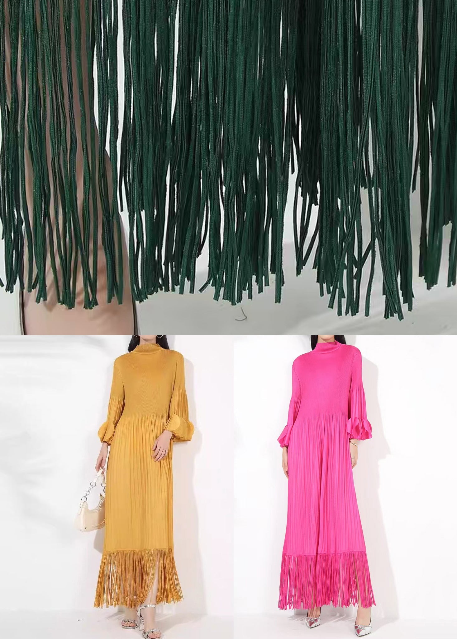 Loose Blackish Green Wrinkled Solid Cotton Long Dress Petal Sleeve