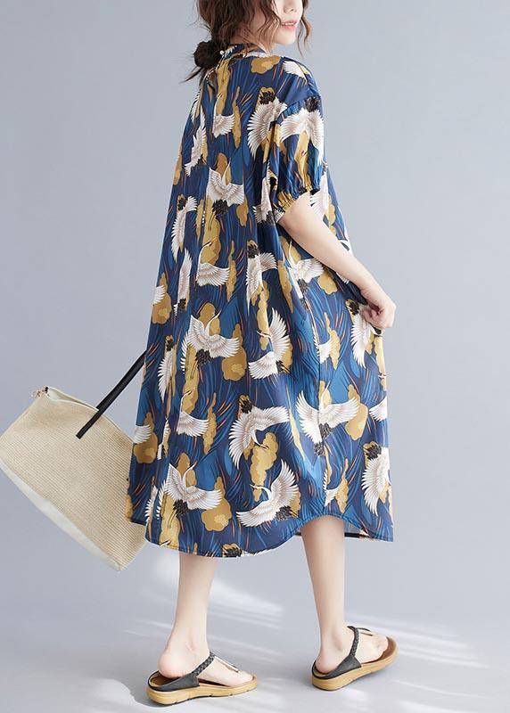 Loose Blue Print Cotton O-Neck Loose Summer Mid Dress ( Limited Stock)
