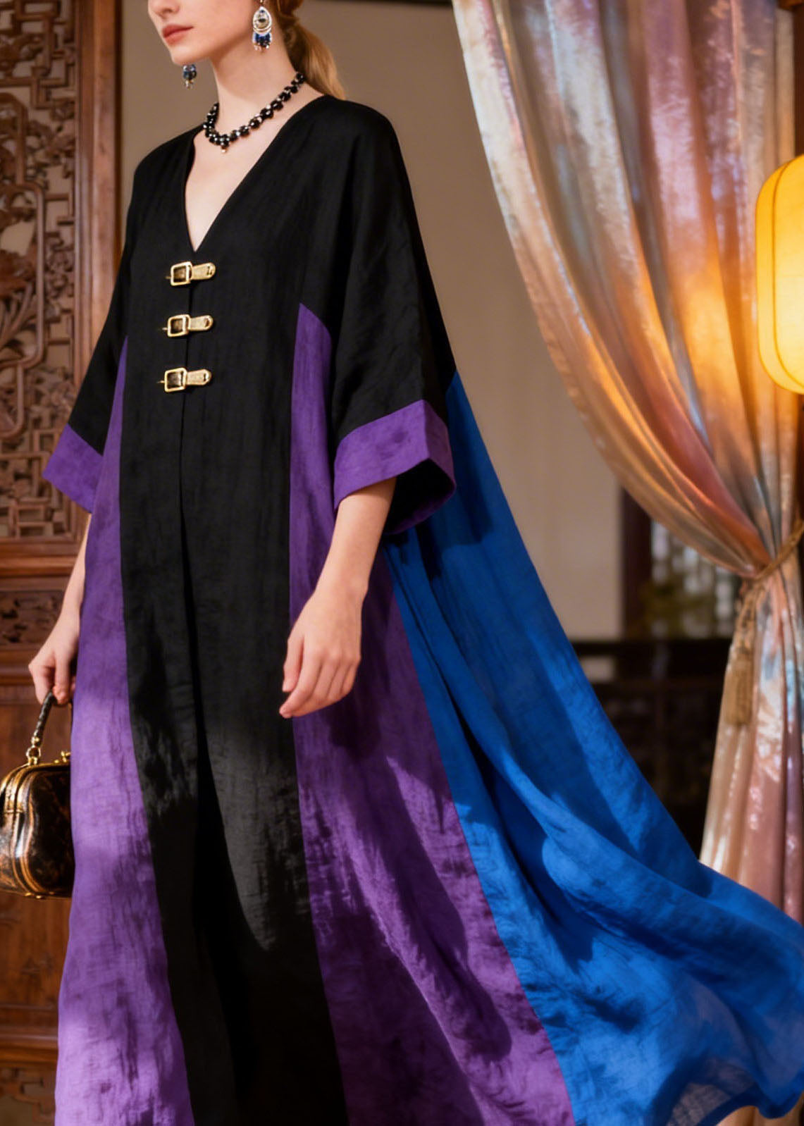 Loose Colorblock V Neck Patchwork Cotton Dress Summer