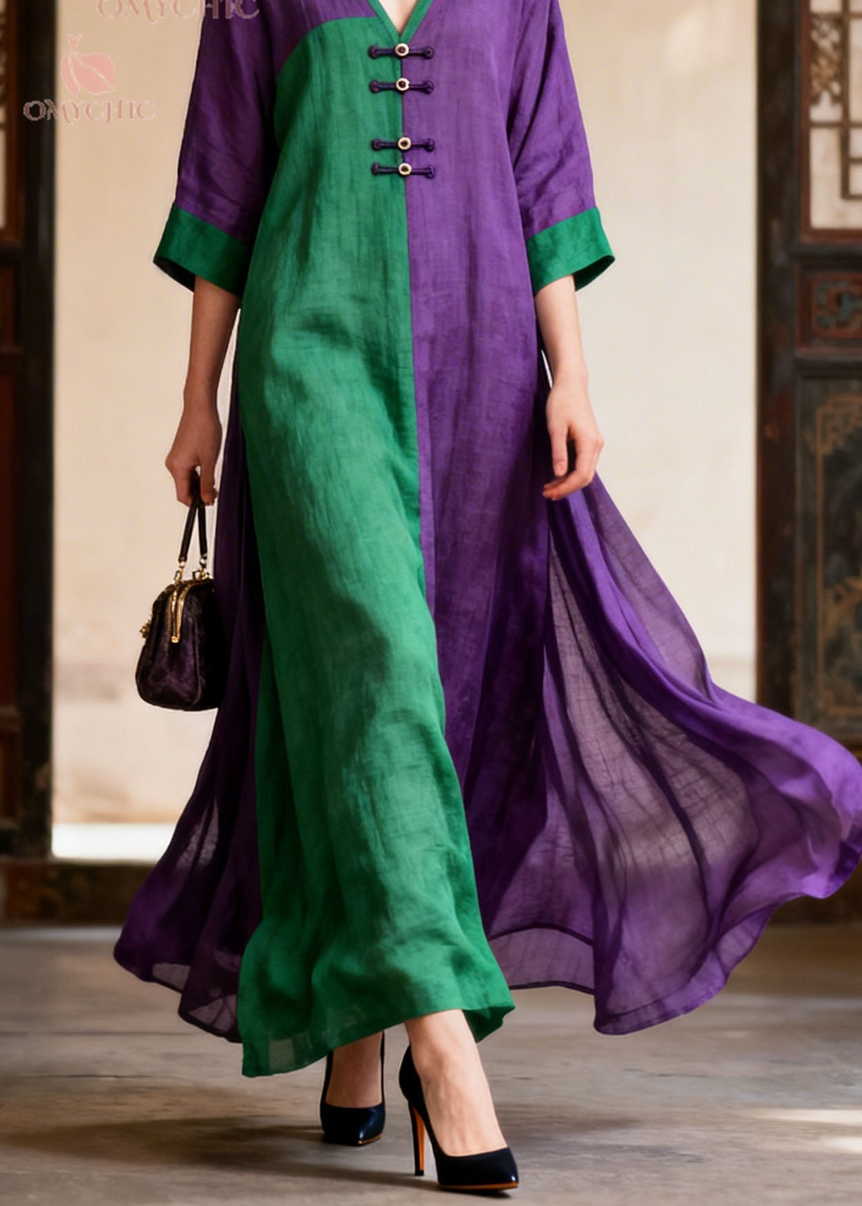 Loose Colorblock V Neck Patchwork Cotton Dresses Summer