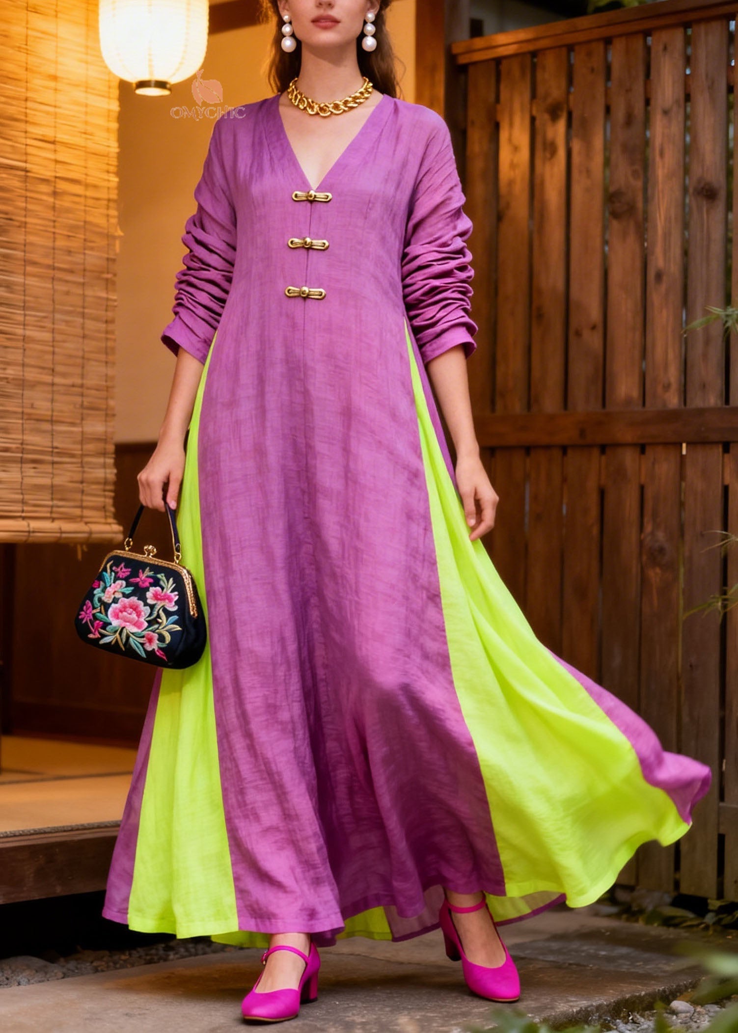 Loose Colorblock V Neck Patchwork Cotton Long Dresses Summer