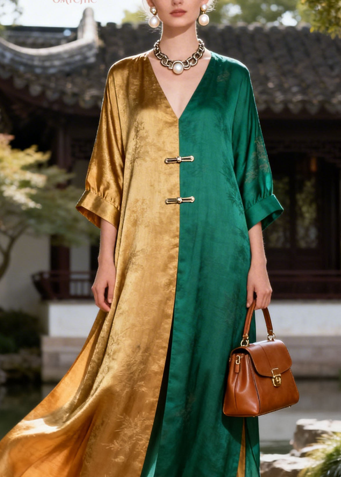 Loose Colorblock V Neck Patchwork Silk Long Dress Summer