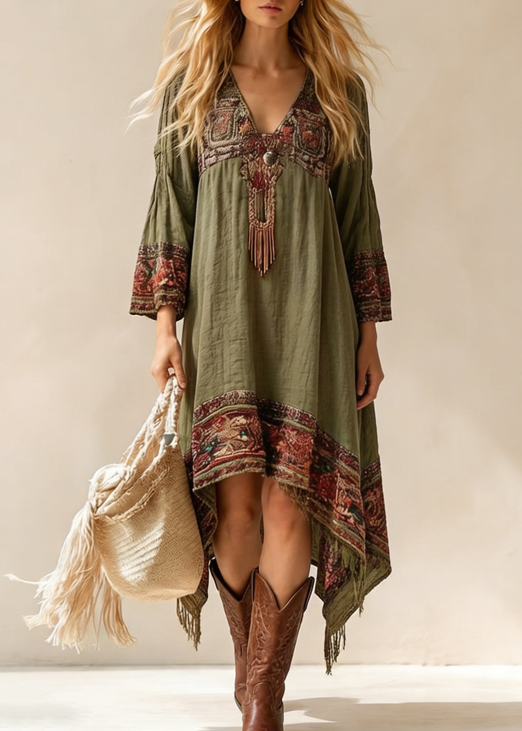 Loose Green V Neck Asymmetrical Design Print Dresses Spring