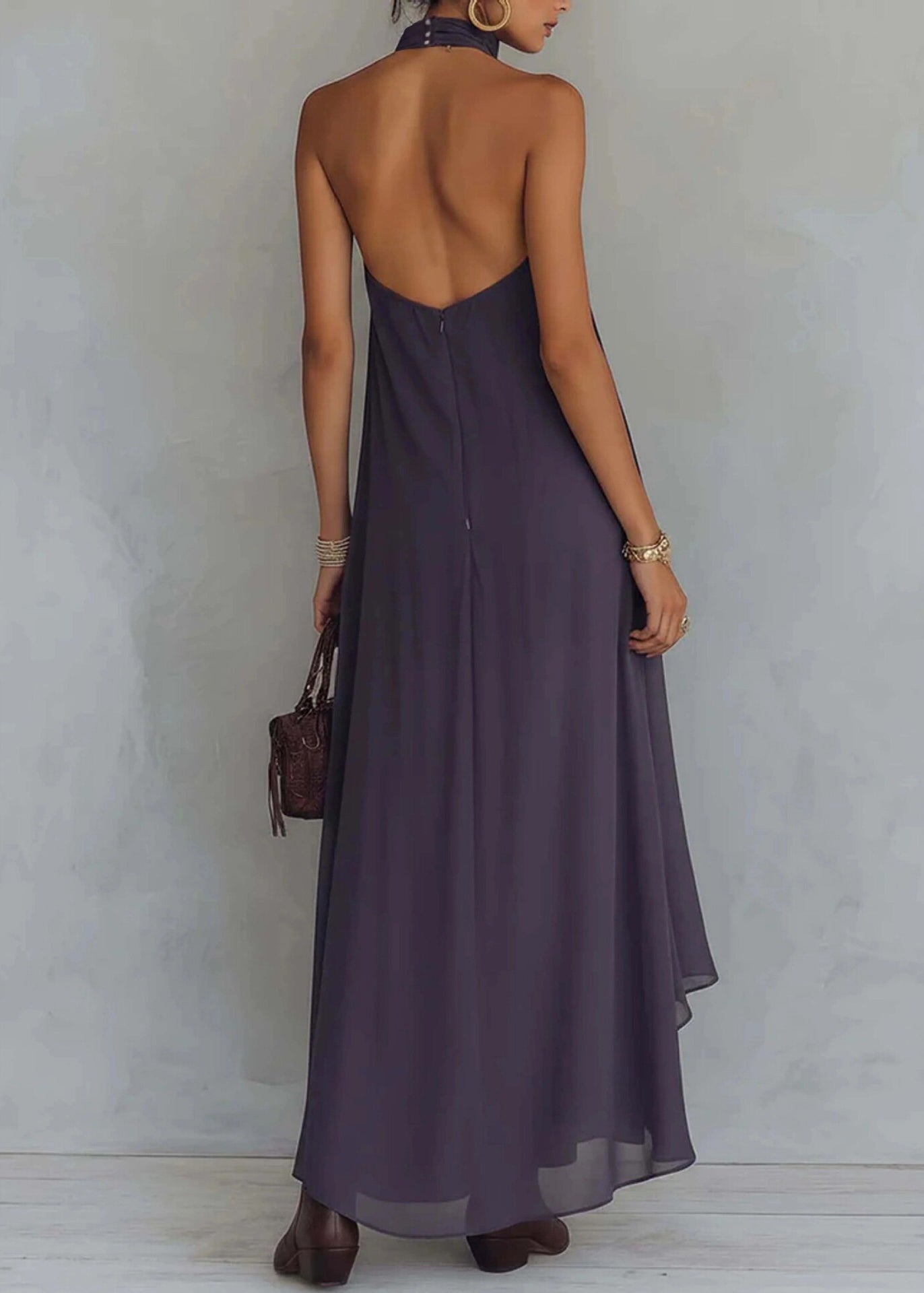 Loose Purple Embroidered Asymmetrical Design Chiffon Dress Sleeveless