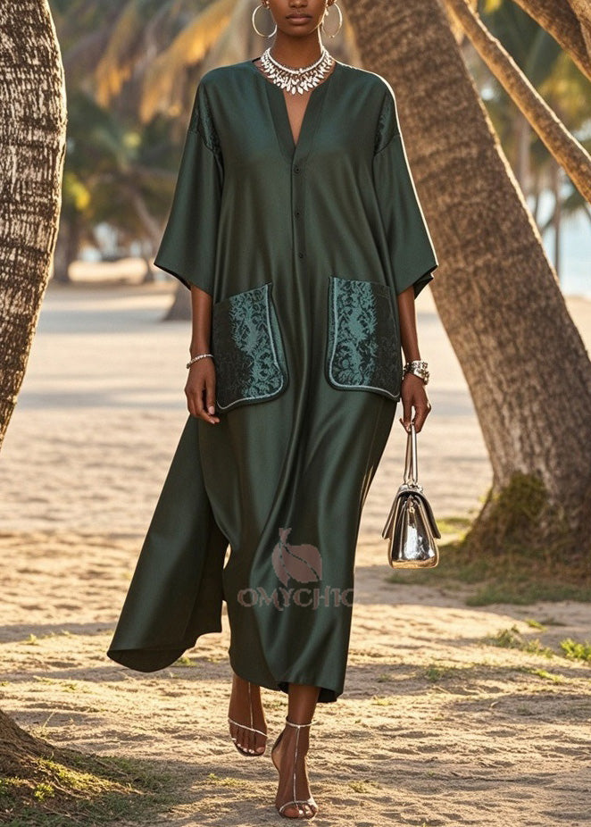 Loose V Neck Pockets Patchwork Silk Long Dress Summer