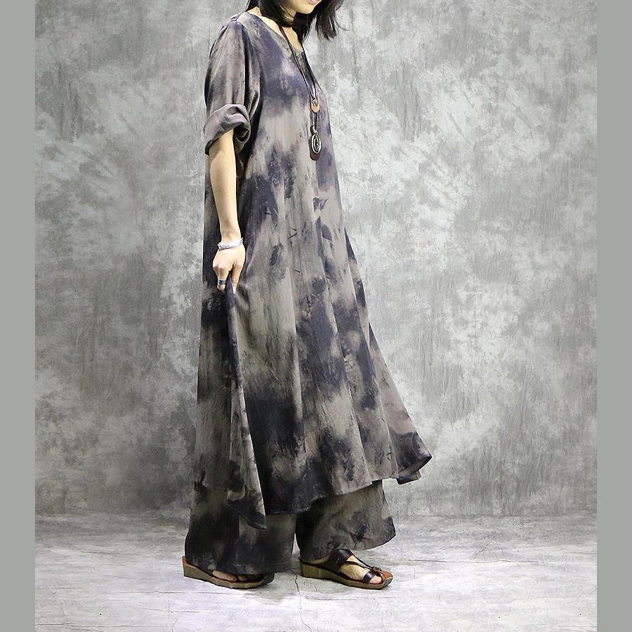Loose prints silk dresses Organic Shape gray two pieces long Dresses summer