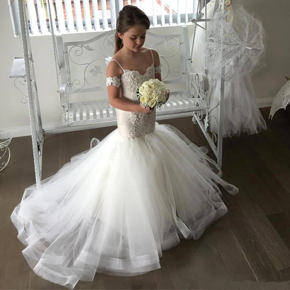 Lovely Mermaid Tulle Flower Girl Dresses |  Spaghetti Straps Appliques Girl Dresses