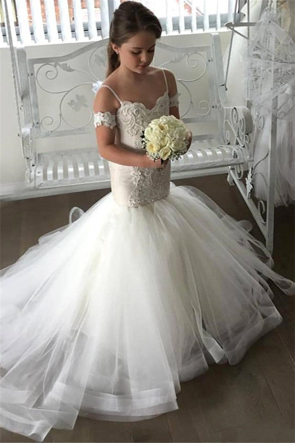 Lovely Mermaid Tulle Flower Girl Dresses |  Spaghetti Straps Appliques Girl Dresses