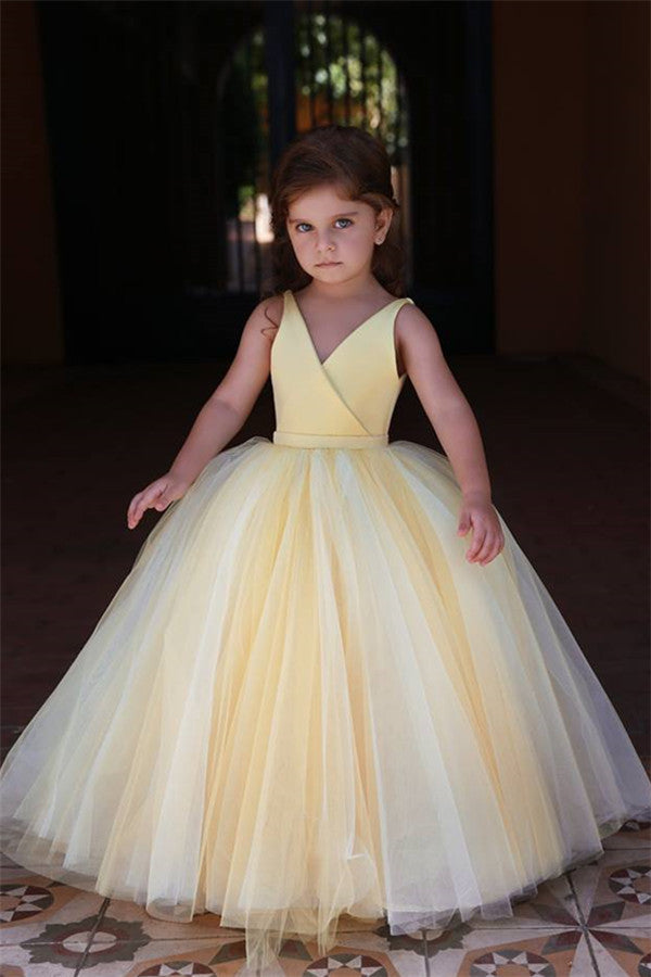 Lovely Yellow V-Neck Flower Girl Dresses |  Sleeveless Tulle Pageant Dresses BC0848