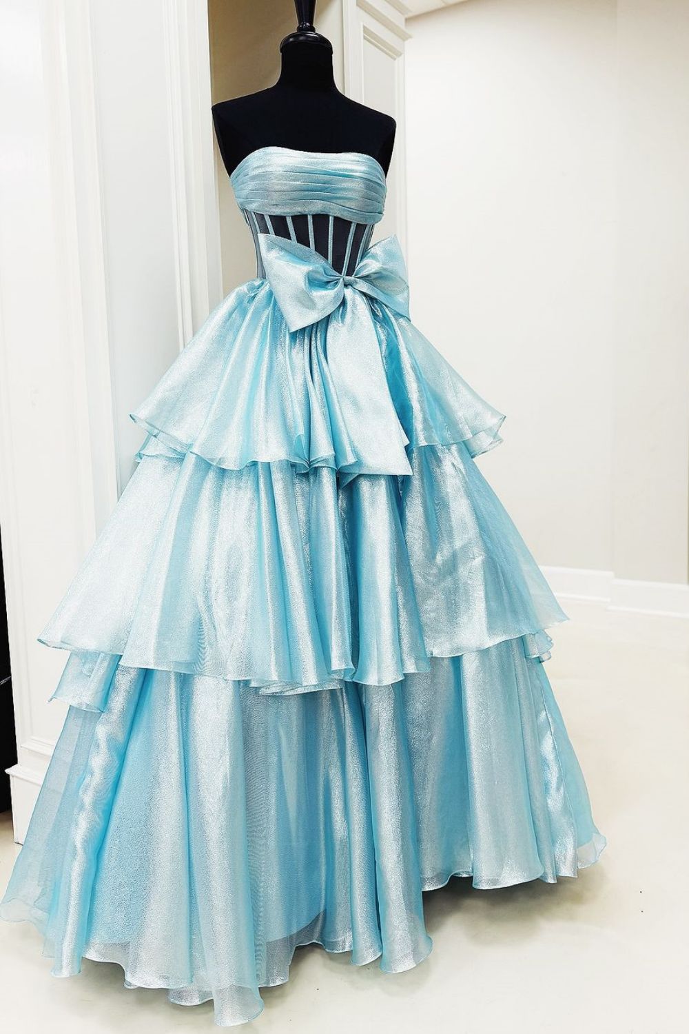 Lovely A-Line Fuchsia Strapless Long Organza Prom Dress with Slit and Bowknot - View 3 | VelvetHem