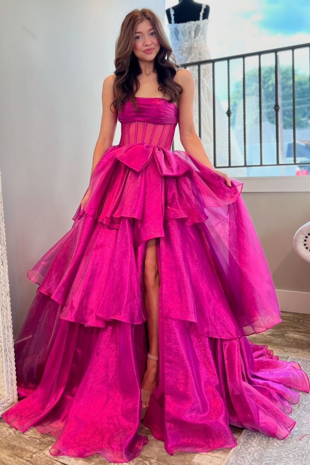 Lovely A-Line Fuchsia Strapless Long Organza Prom Dress with Slit and Bowknot - View 2 | VelvetHem