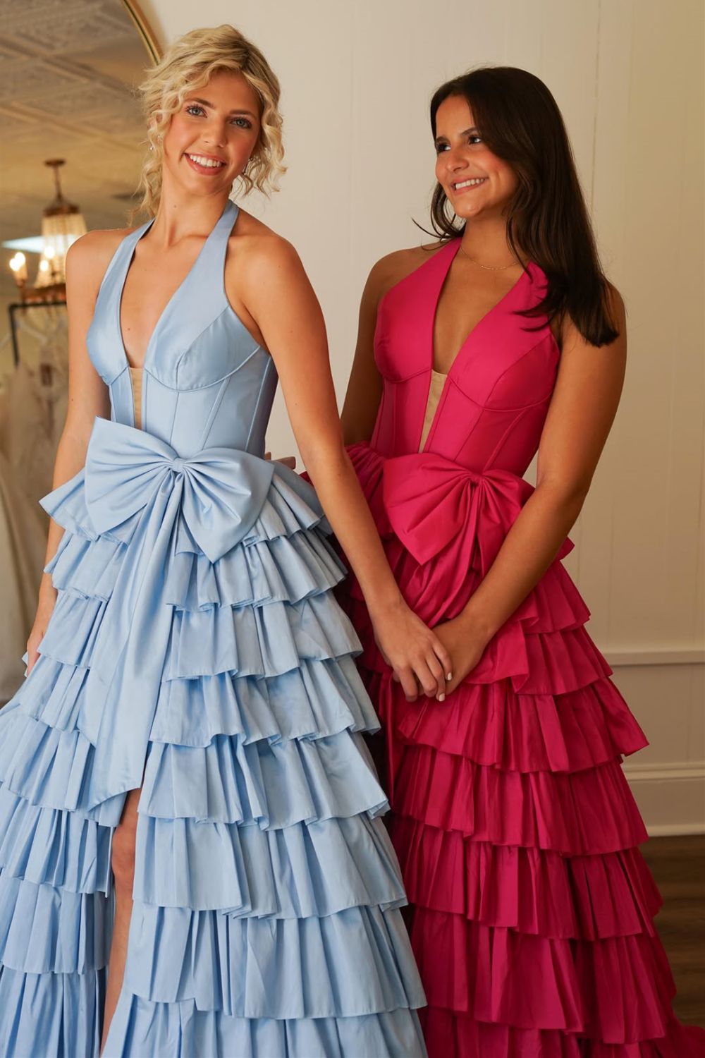 Lovely A-Line Halter Neck Long Tiered Satin Prom Dress with Slit and Bowknot