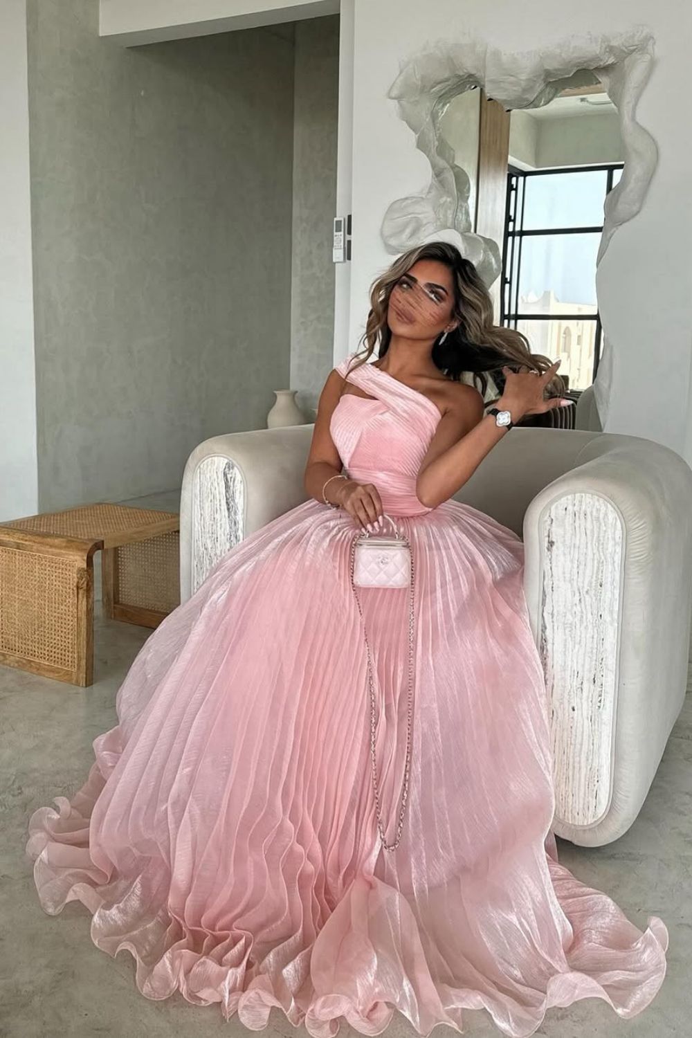 Lovely A-Line One Shoulder Pink Long Pleated Tulle Prom Dress