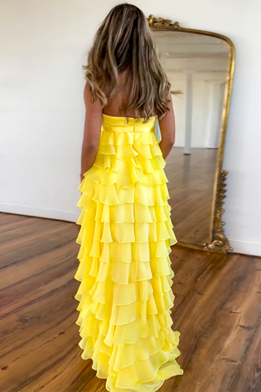 Lovely Yellow A-Line Strapless Zipper Back Long Tiered Prom Dress - View 3 | VelvetHem
