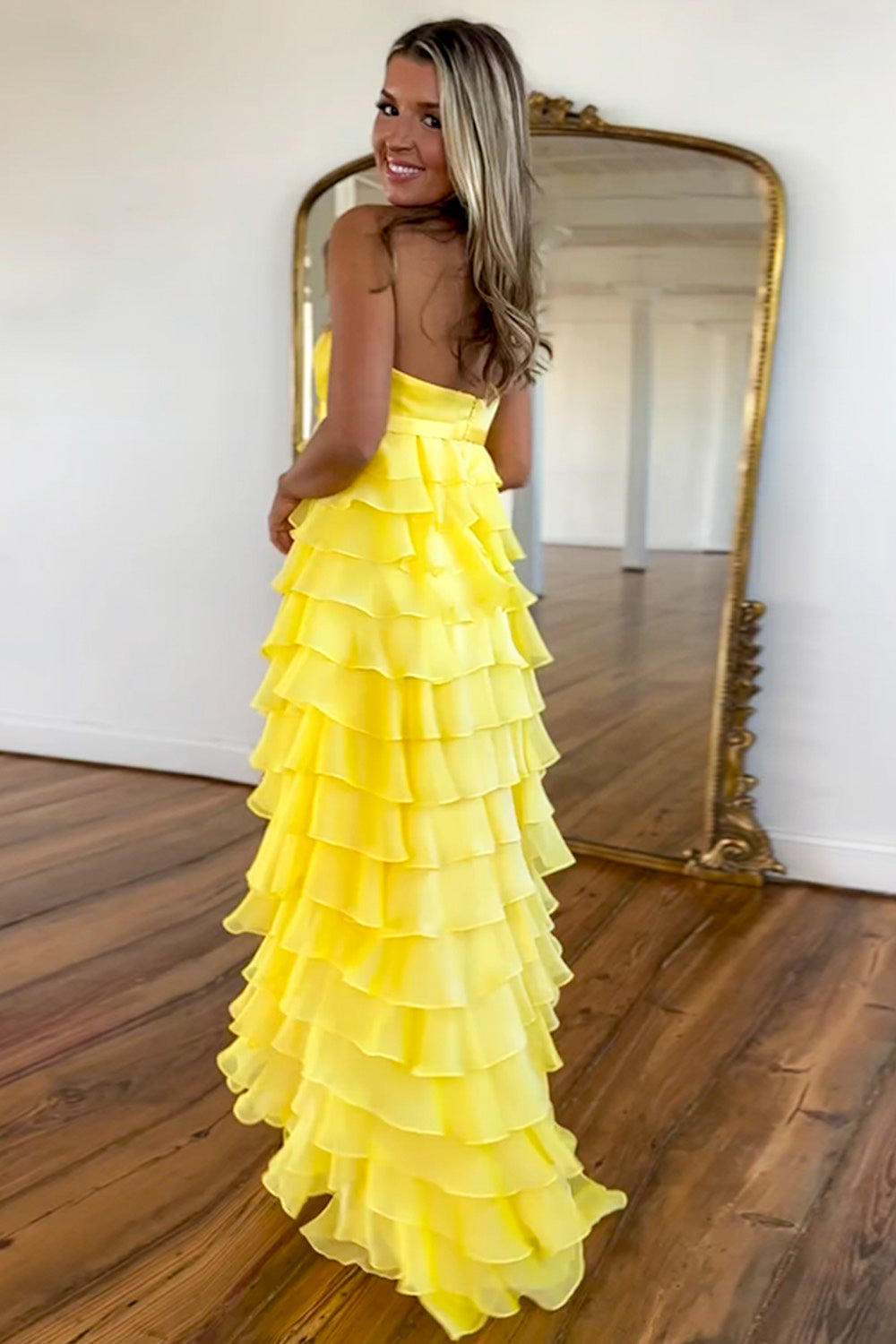 Lovely Yellow A-Line Strapless Zipper Back Long Tiered Prom Dress - View 2 | VelvetHem