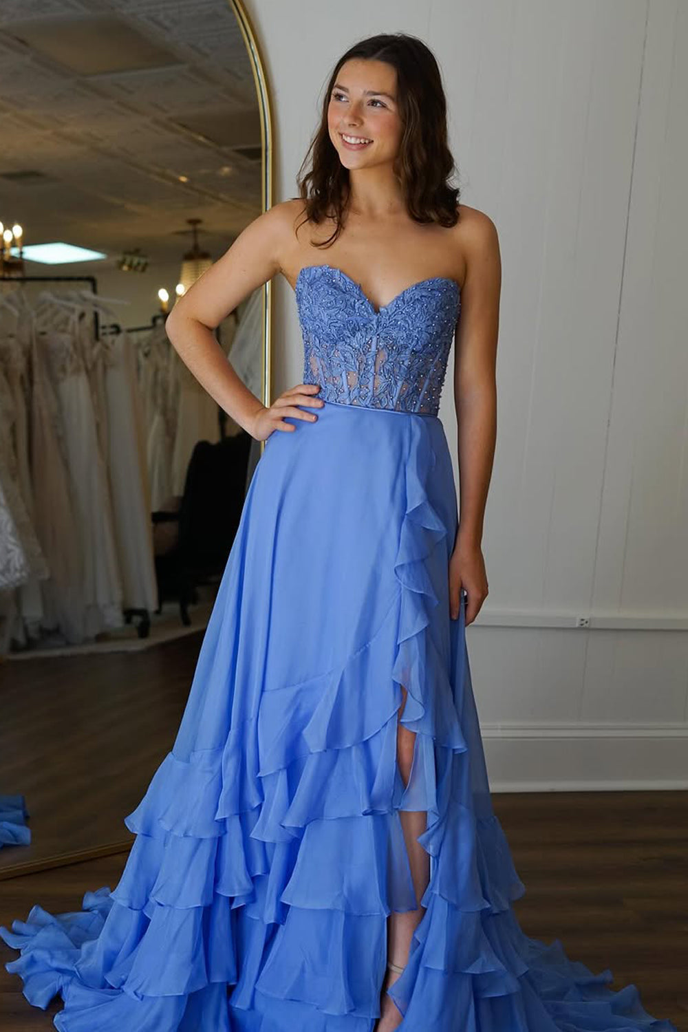 Lovely Yellow A-Line Sweetheart Lace Top Chiffon Prom Dress With Ruffle Skirt