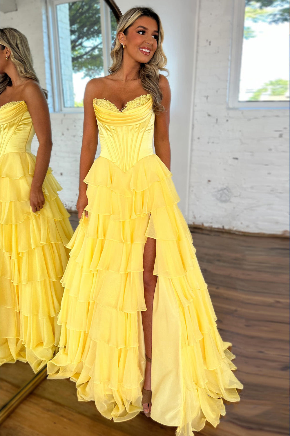 Stunning A-Line Sweetheart Satin Top Long Tiered Chiffon Prom Dress with Slit