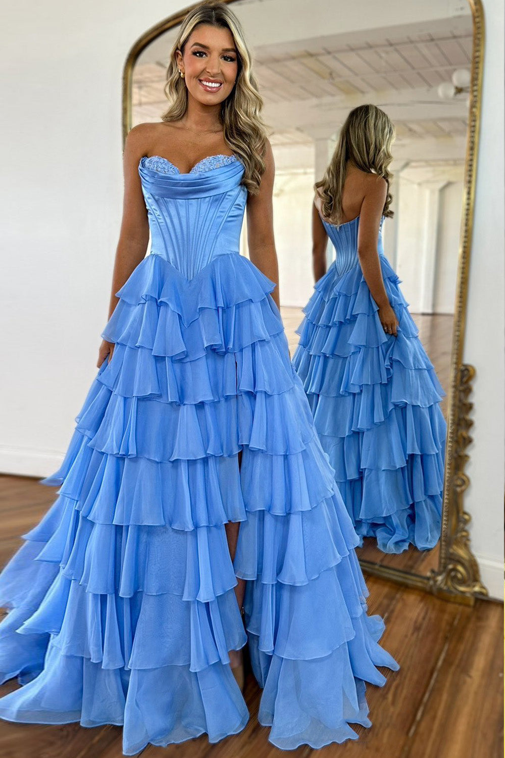 Stunning A-Line Sweetheart Satin Top Long Tiered Chiffon Prom Dress with Slit