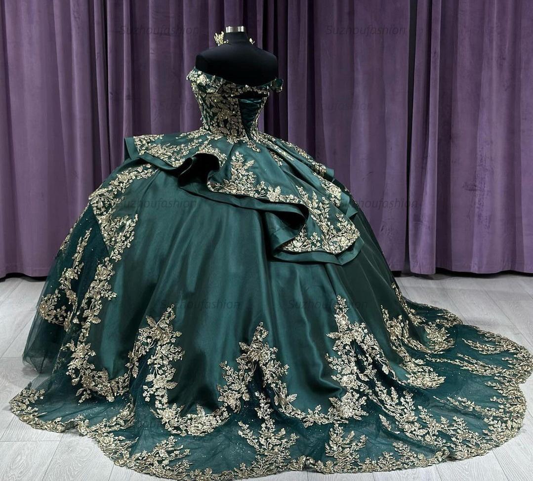 Lusury & Gorgeous Ball Gown Off Shoulder Beaded Lace Appliques Green Tulle Quinceanera Dress Formal Cocktail Dress For Sweet 16