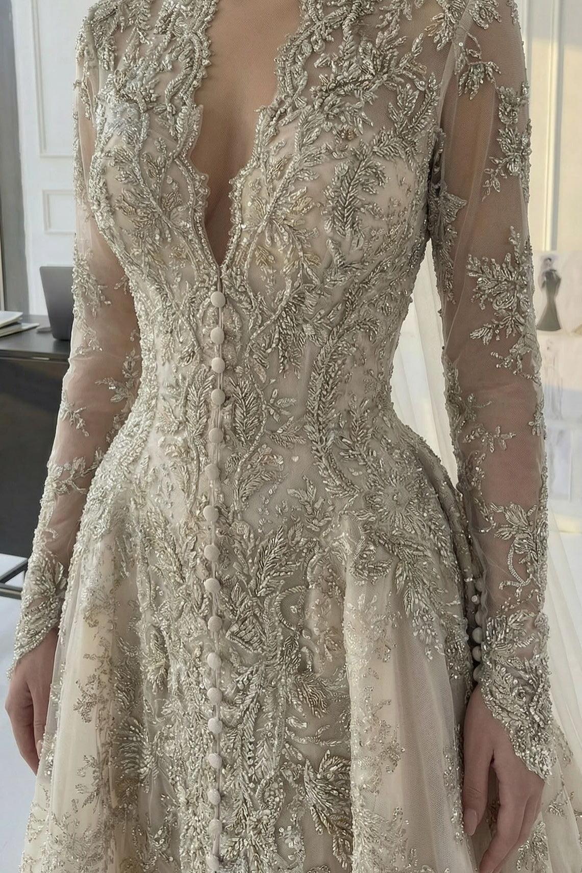 Suzhoufashion A Line V Neck Champagne Long Wedding Dress With Appliques Lace Bridal Gown